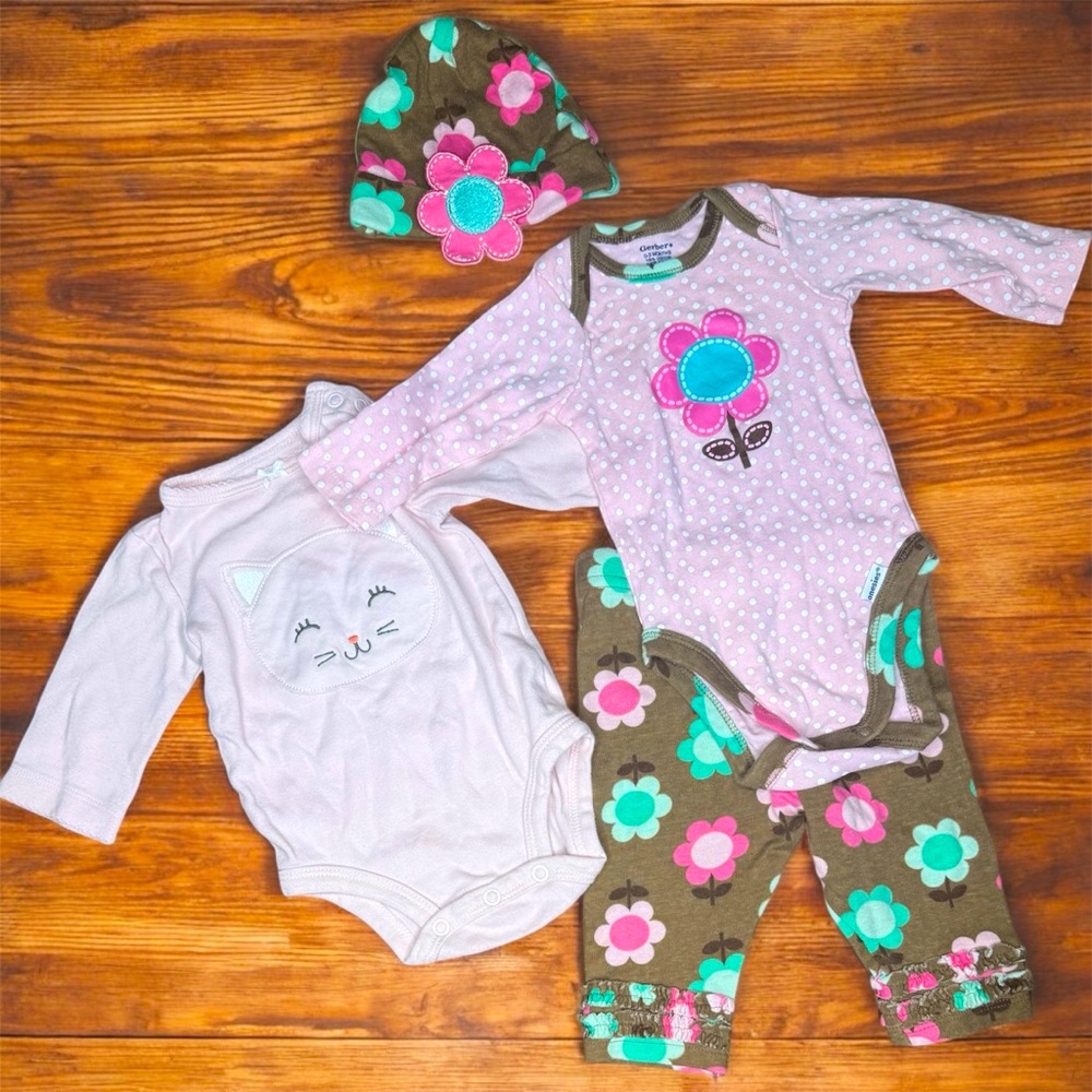 Carter's pink cat onesies bodysuits pants hat baby girl size 0-3 months bundle
